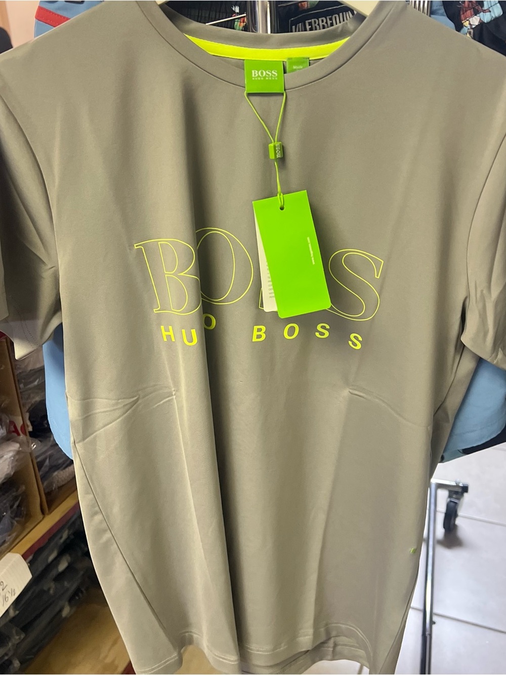 BOSS Olive Gray Tee with Neon Yellow Logo and Tag